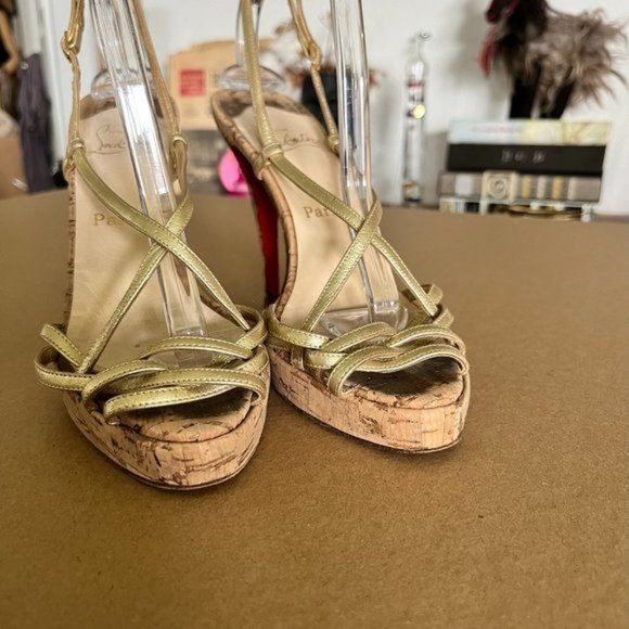 Christian Louboutin Gold Metallic Leather Night Cage Zeppa Cork Sandals - Picture 7 of 8